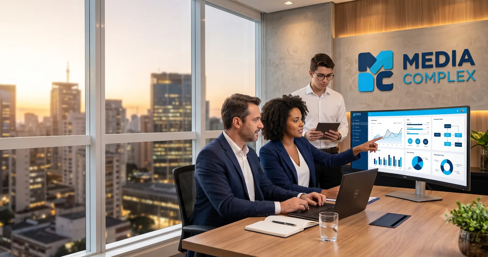 Equipe avaliando um dashboard de negócios